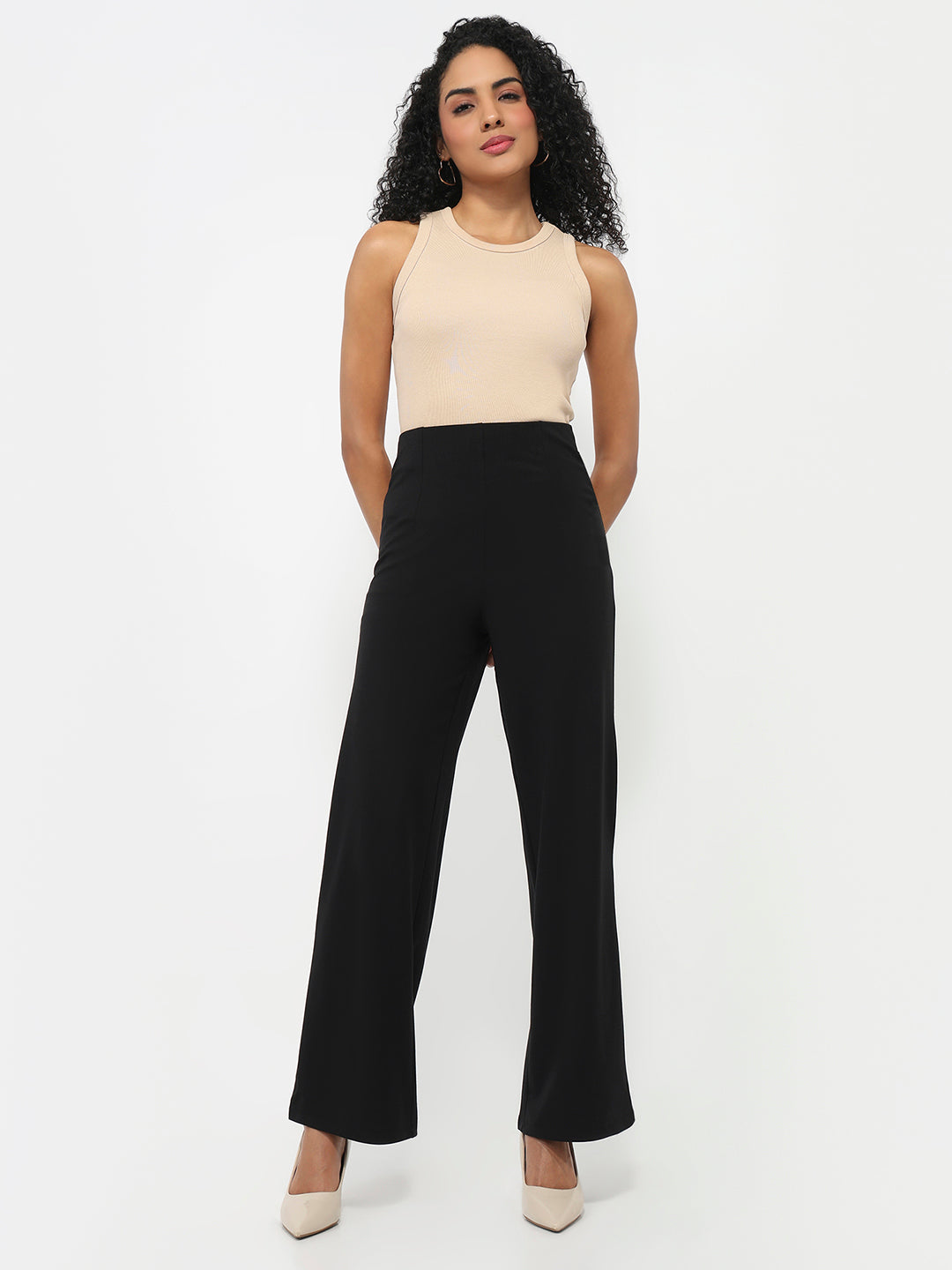 Women Black High-Rise Wide Leg Treggings