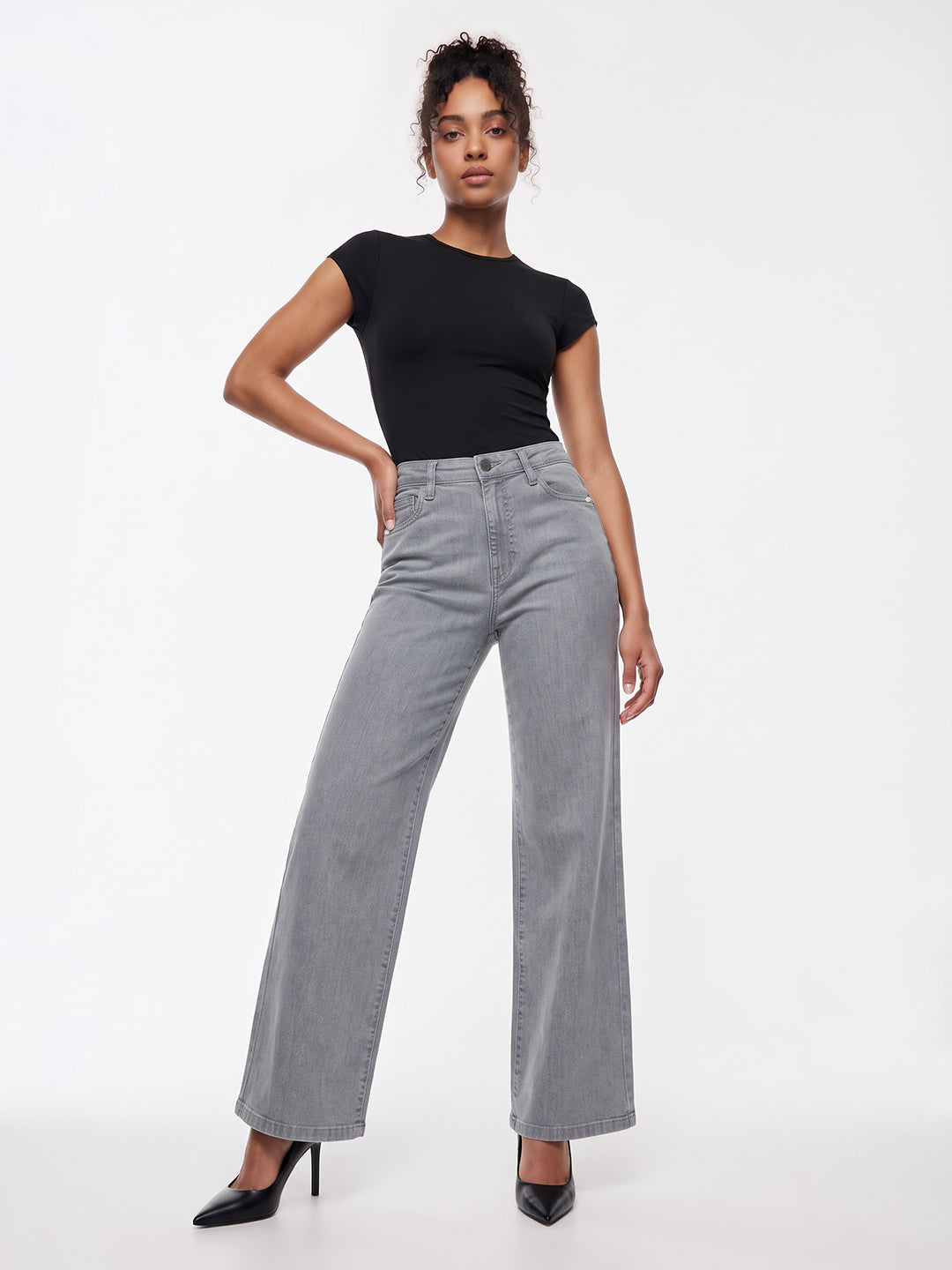 Grey High-Rise Super Wide Leg Jeans