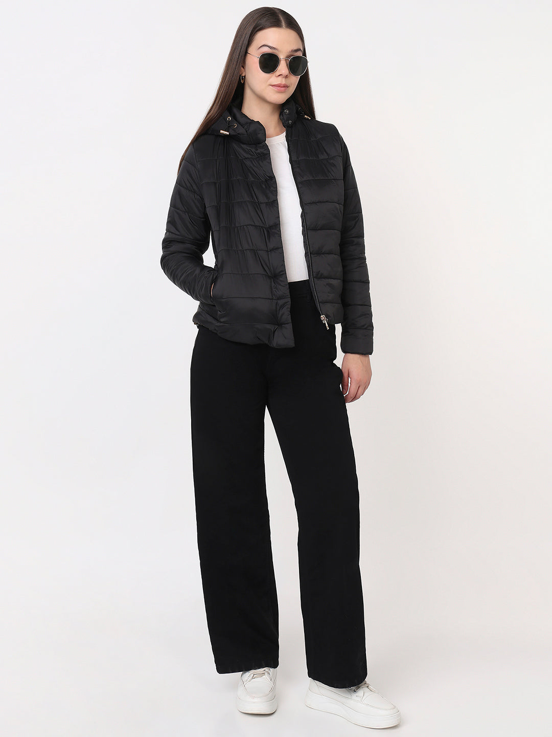 Women Black Slim Fit Winter Jacket