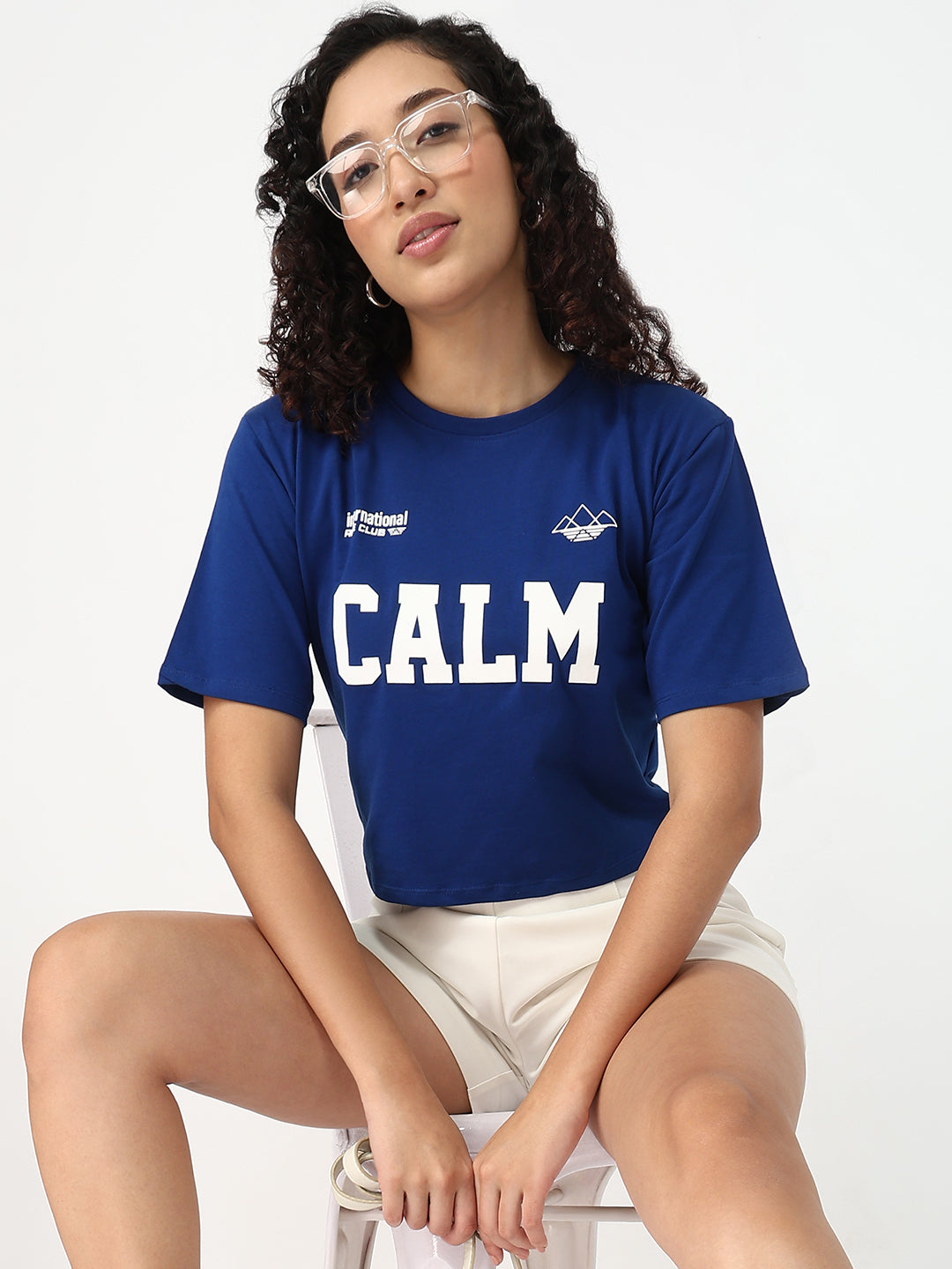 Women Indigo Slim Fit Graphic Crop T-Shirt