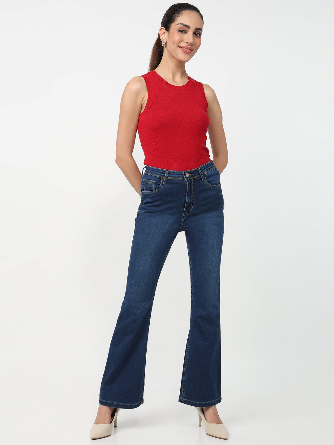 Women Dark Blue High-Rise Flare Jeans