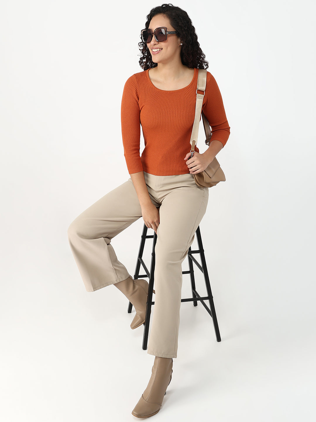 Women Burnt Orange Slim Fit Flat Knit