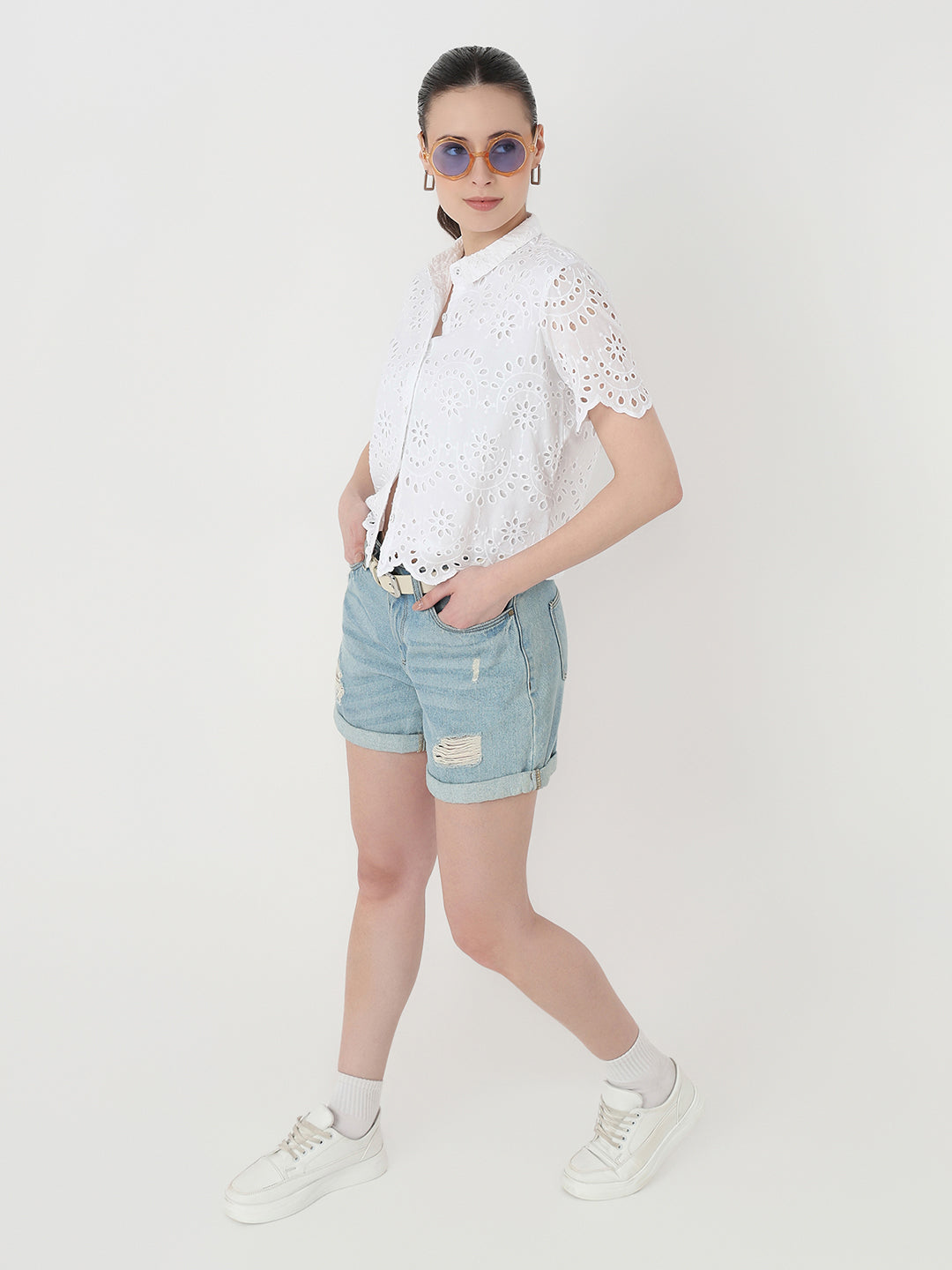 Women White Slim Fit Crop Shirt