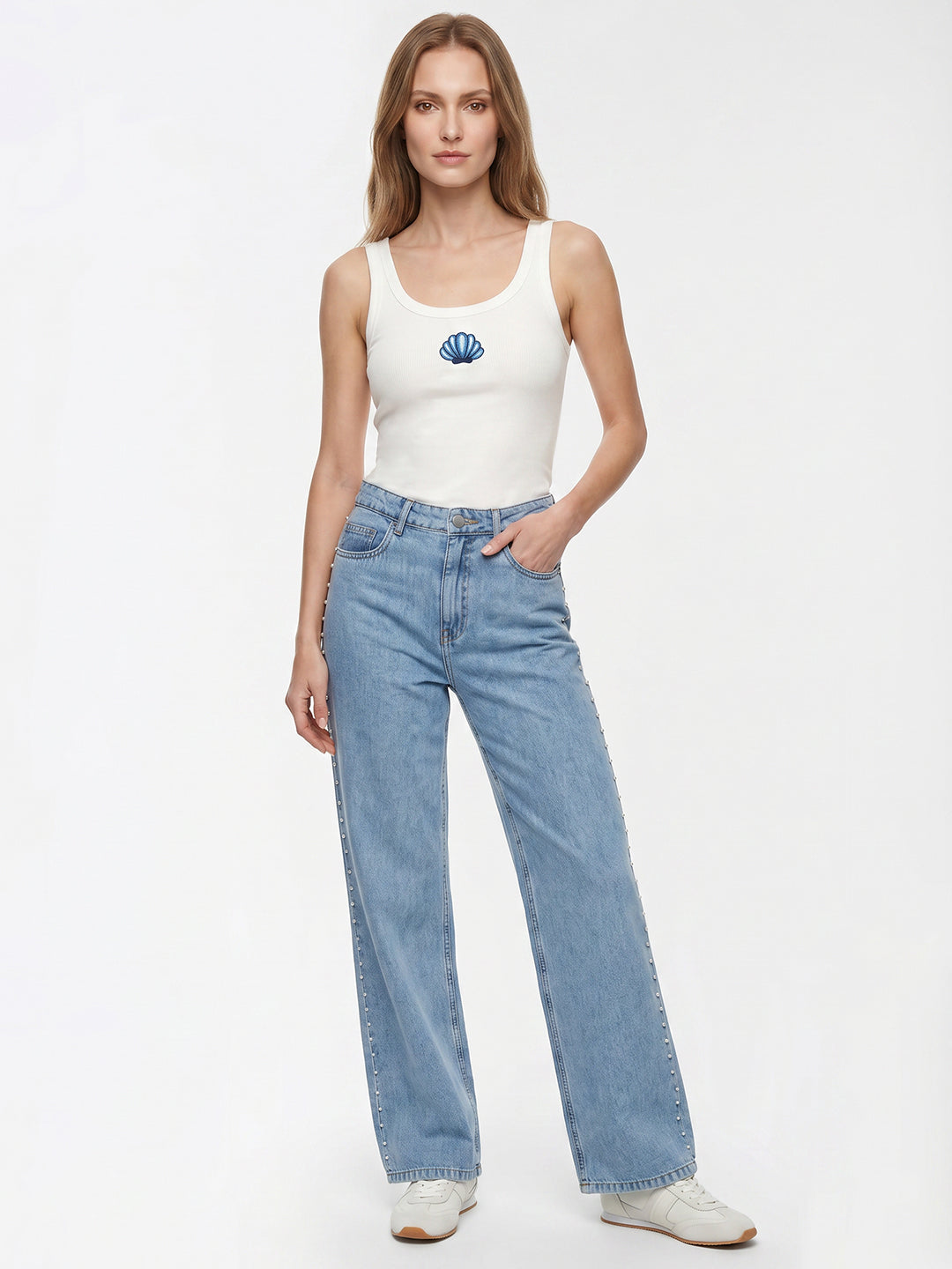 Women Blue Studded Pearl Wide Leg Jeans