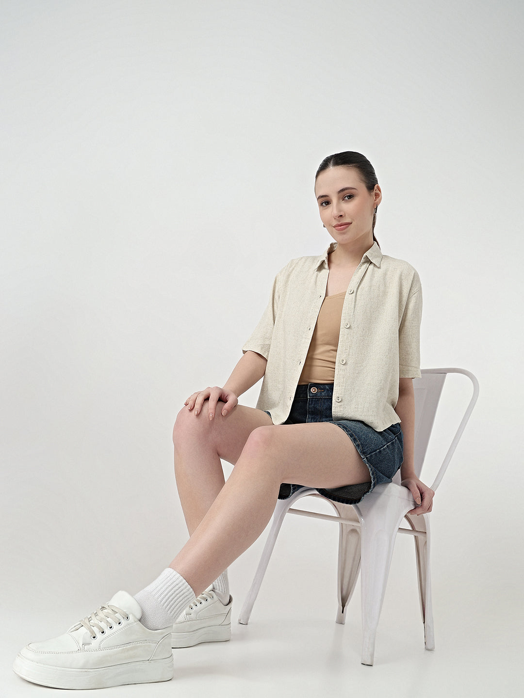 Women Light Natural Slim Fit Crop Shirt