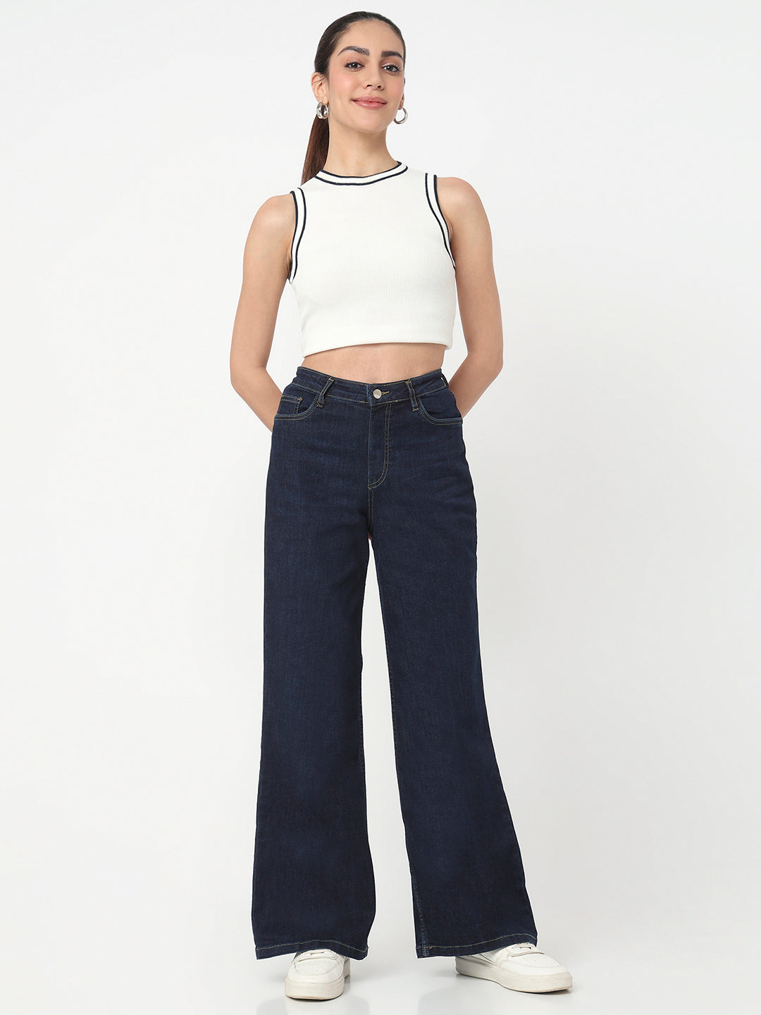 Women Dark Blue High-Rise Super Wide Leg Jeans