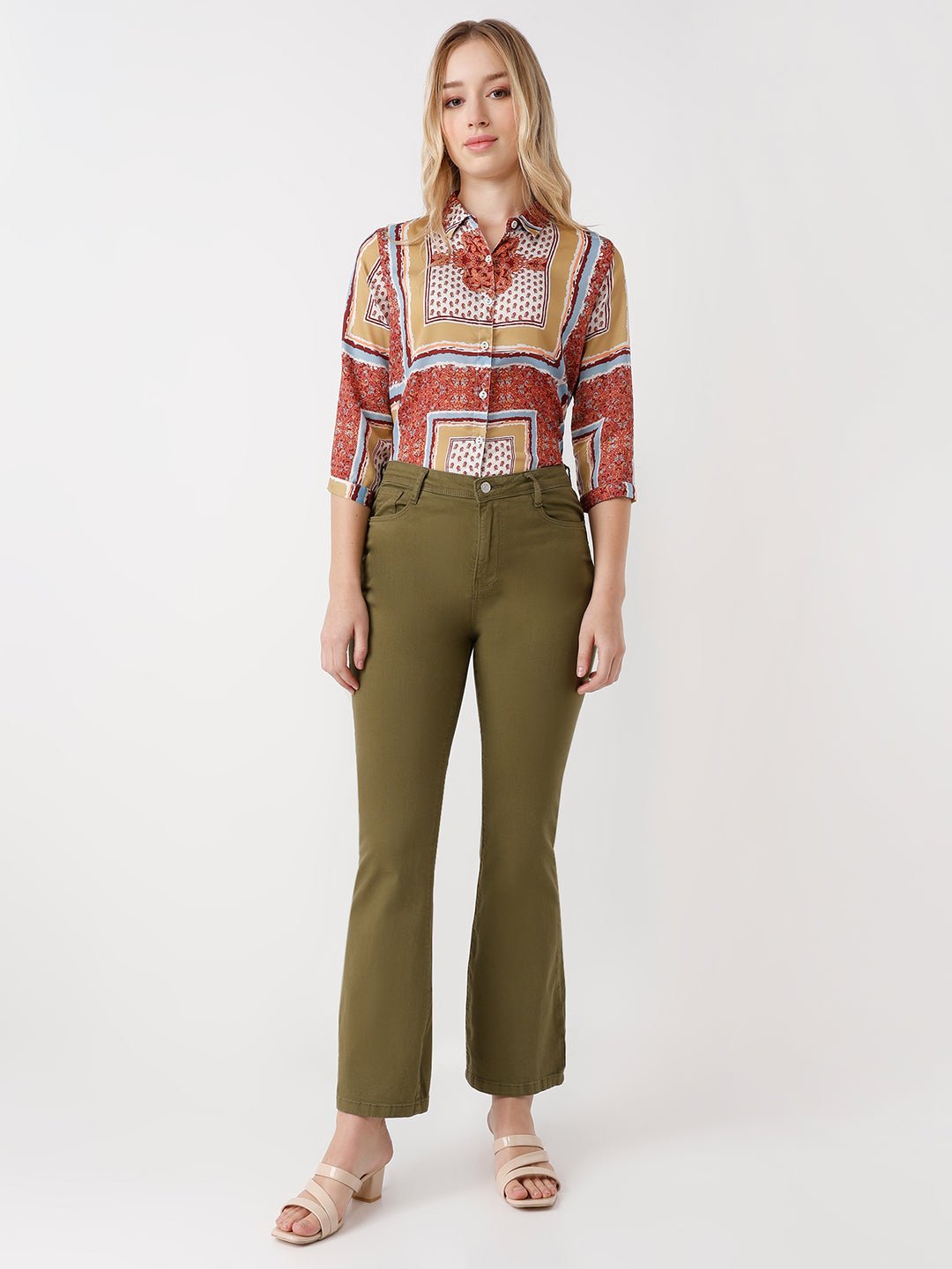 Women Olive High Rise Flare Jeans