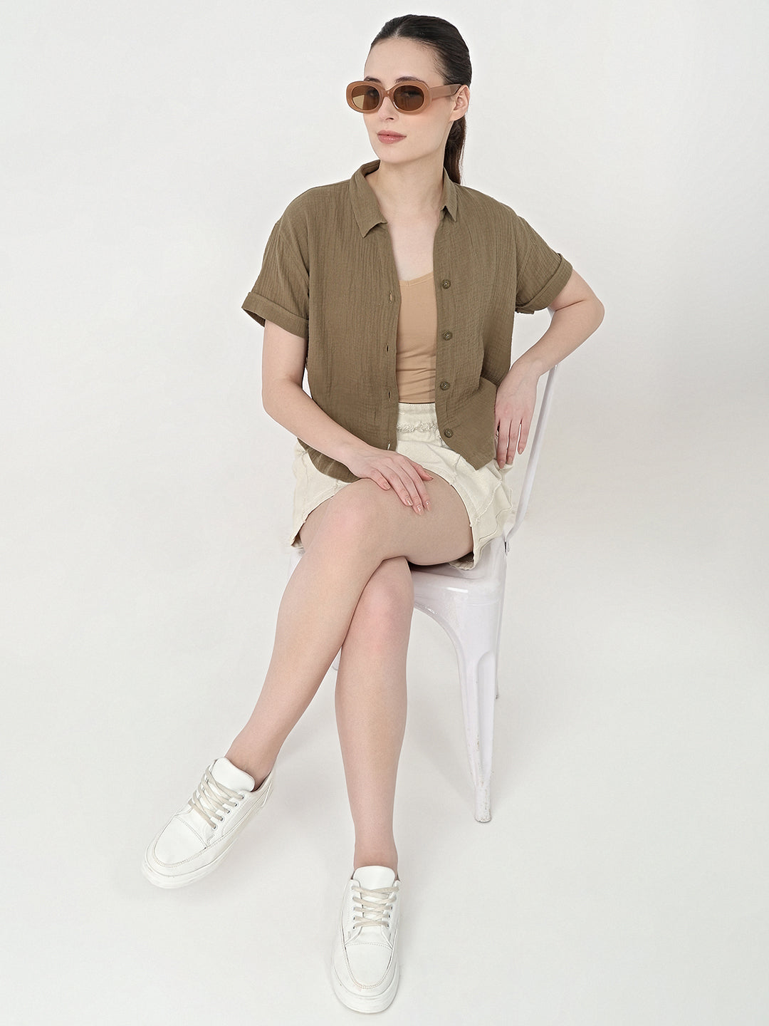 Women Olive Slim Fit Crop Shirt
