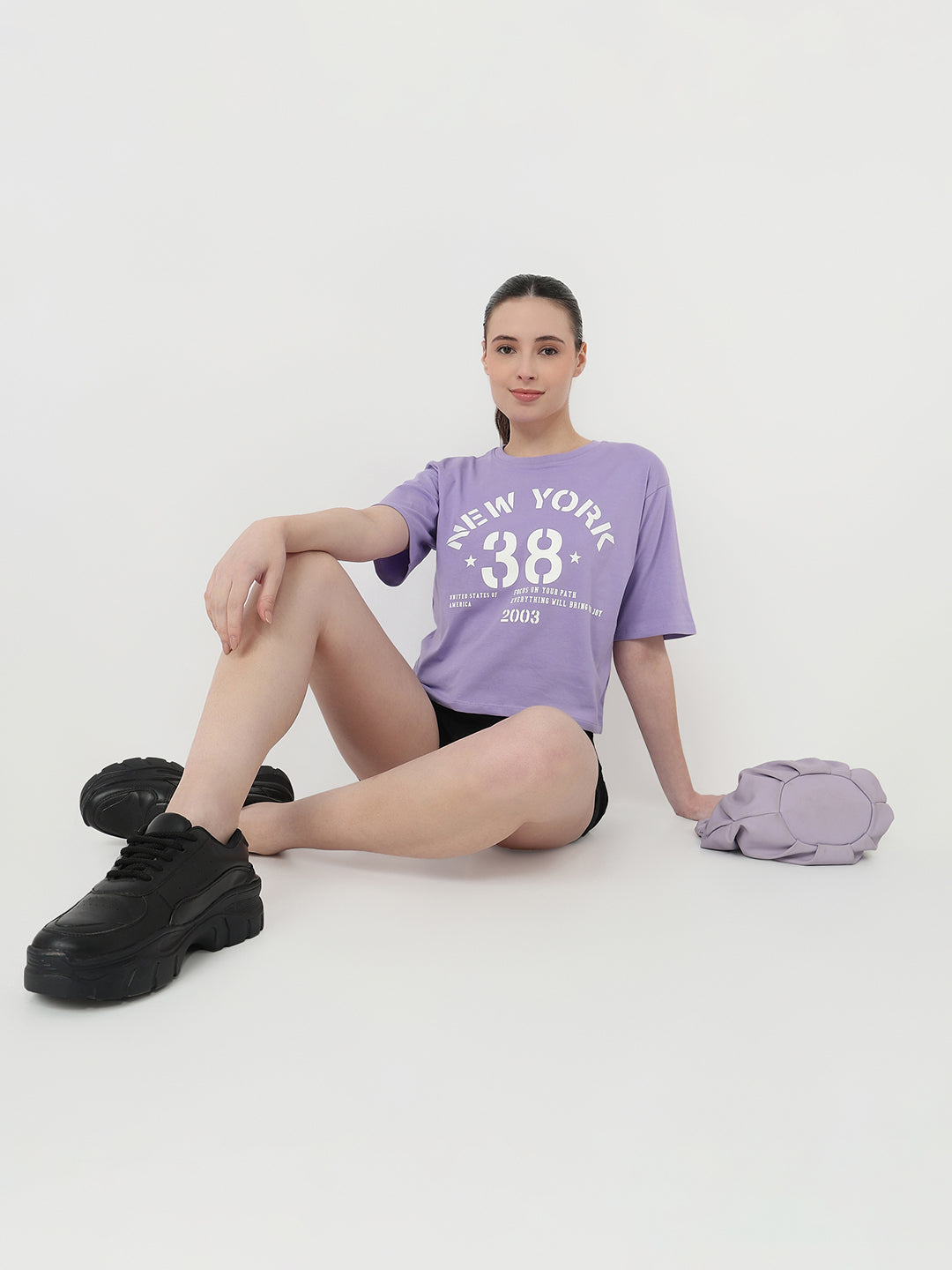 Women Lilac Slim Fit Graphic Crop T-Shirt