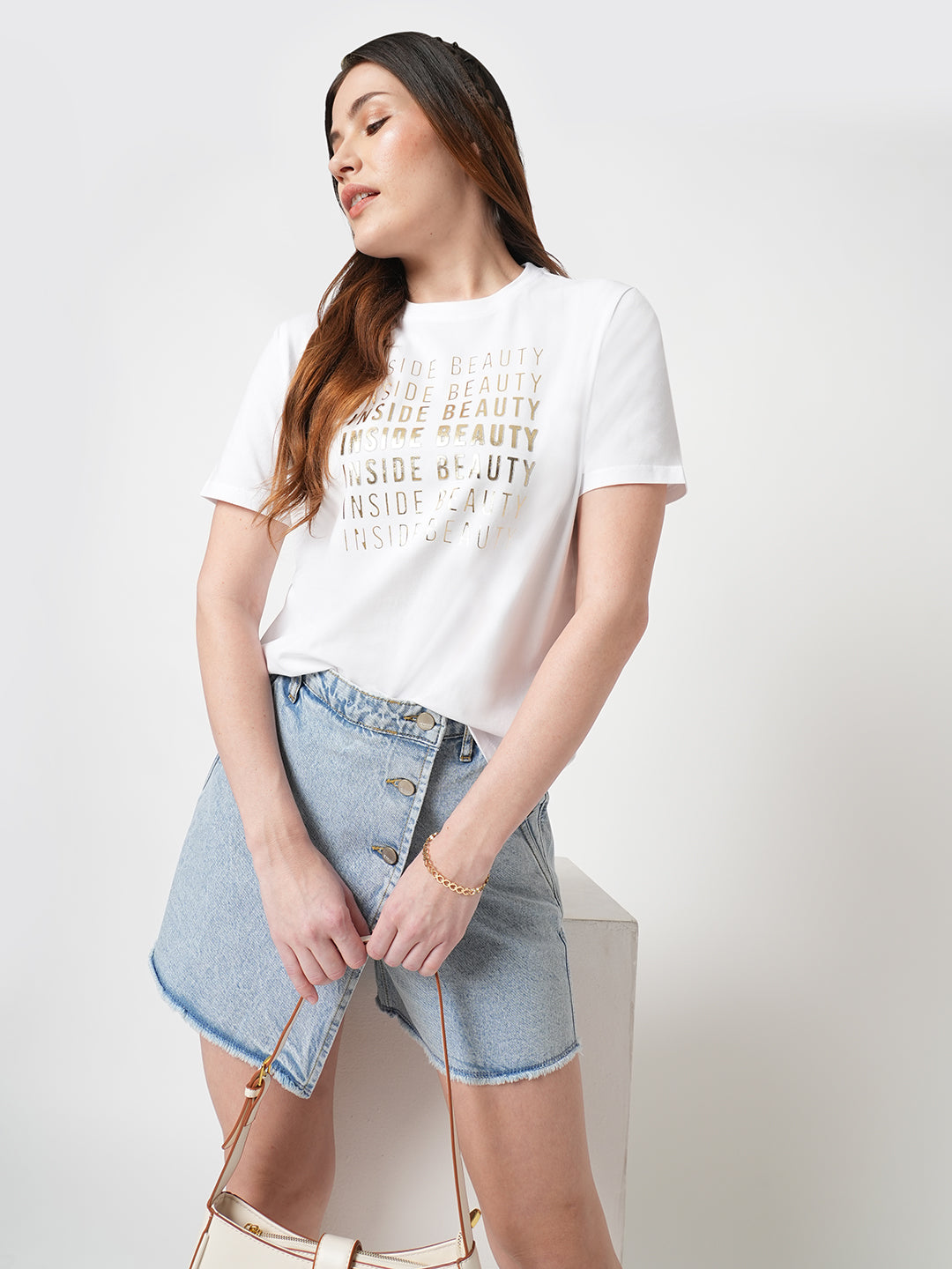 Women Slim Fit  White Boxy Graphic Tees