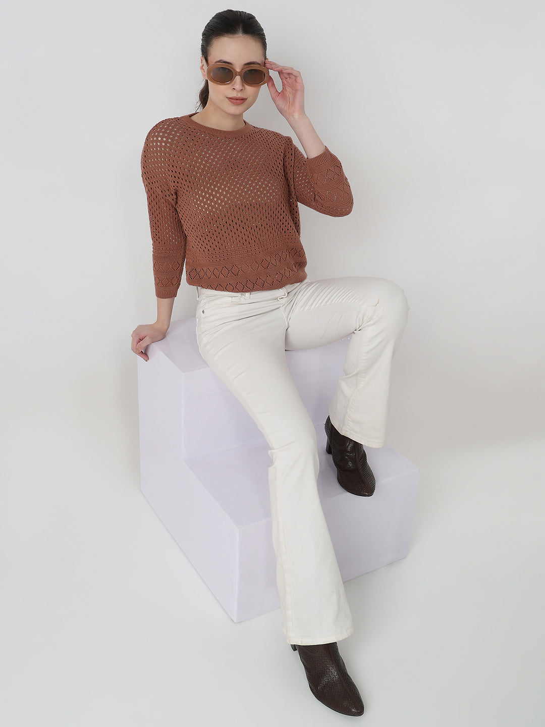 Women Mocha Mousse Slim Fit Flat Knit