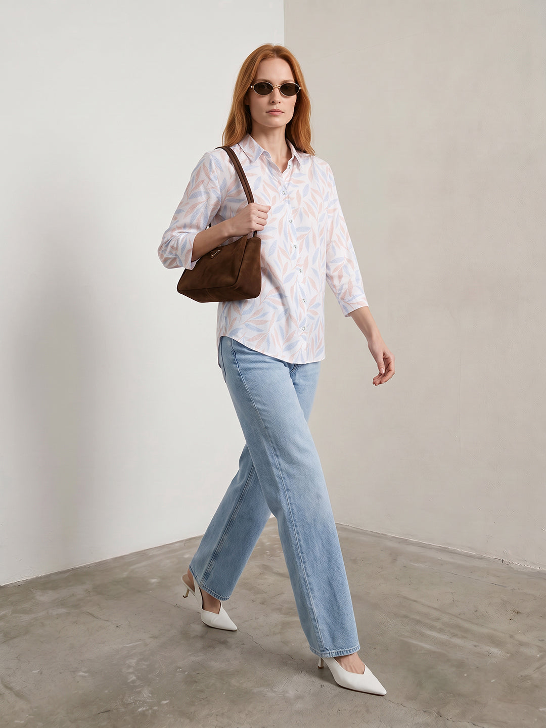 Women Rust Blue Leaf Shirt