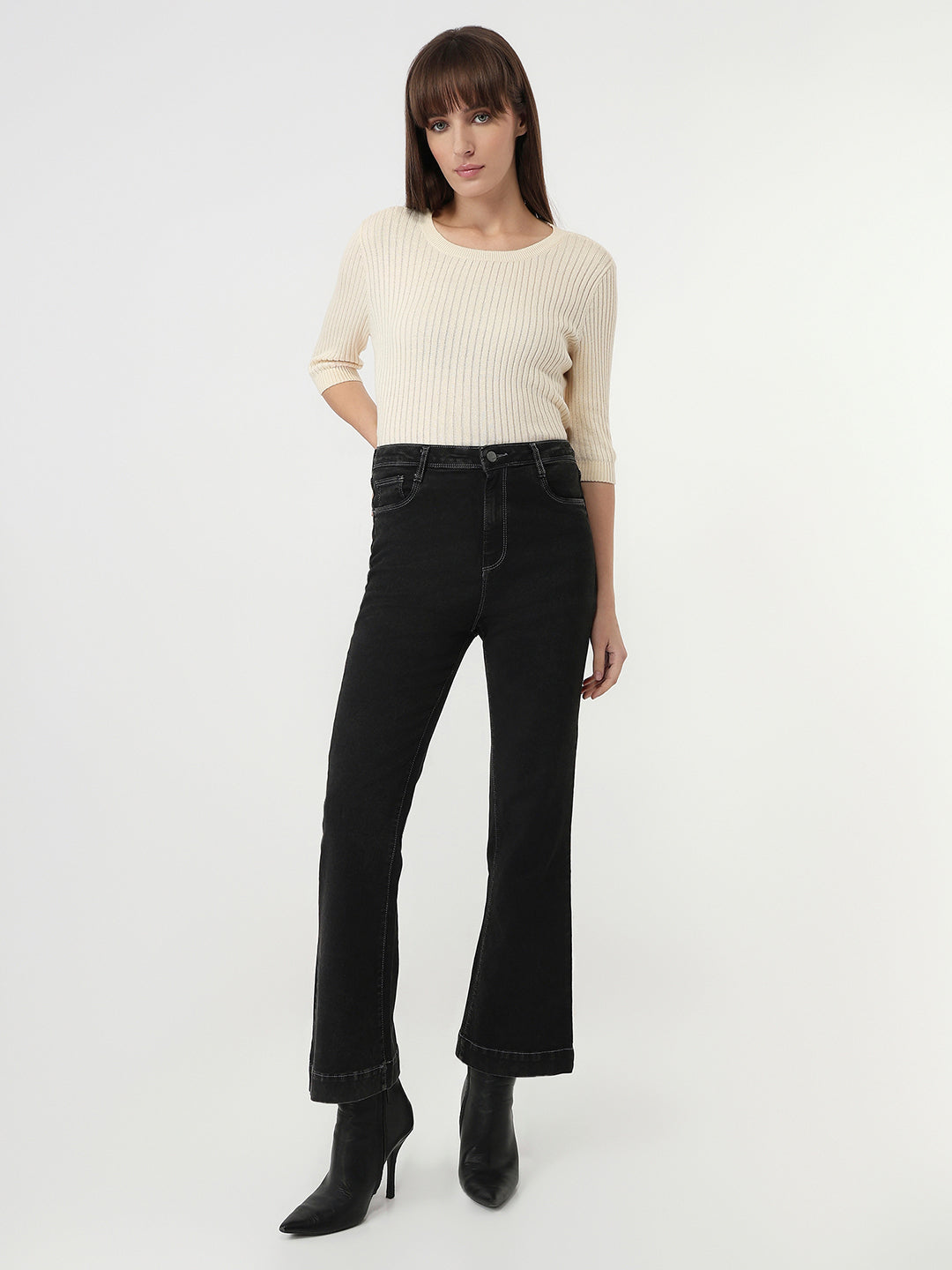 Women Charcoal Black High-Rise Flare Jeans