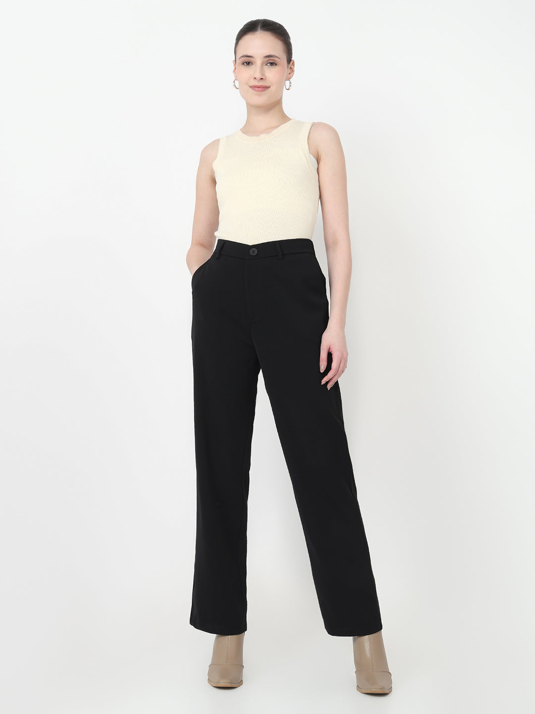 Women Black Loose Straight Fit Korean Pants