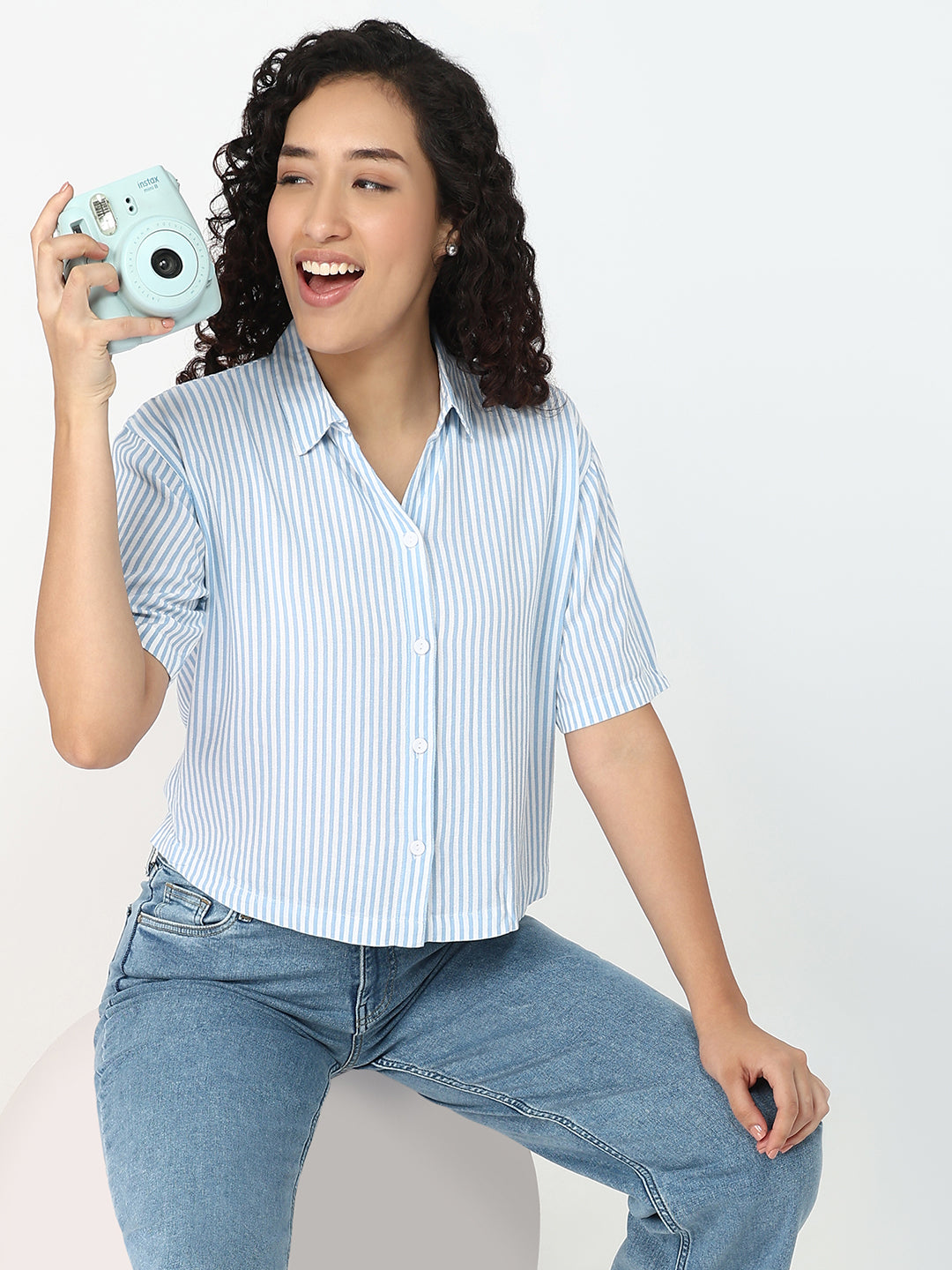 Women Sky/White Crop Slim Shirt