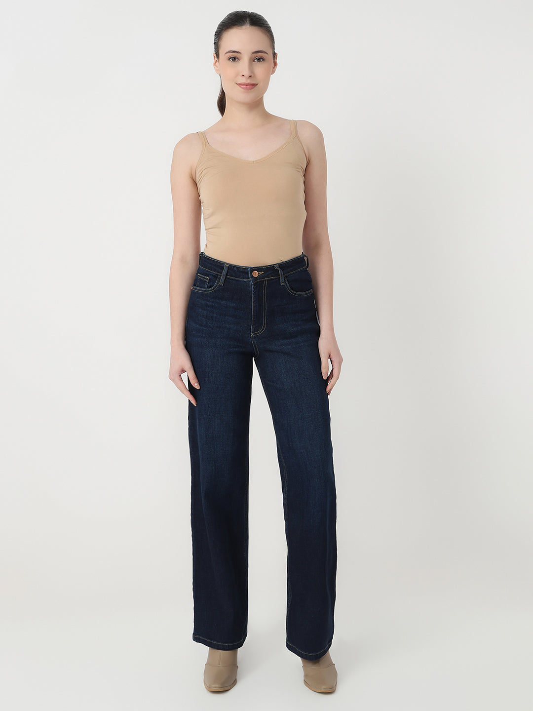 Women Dark Blue High-Rise Wide Leg Jeans
