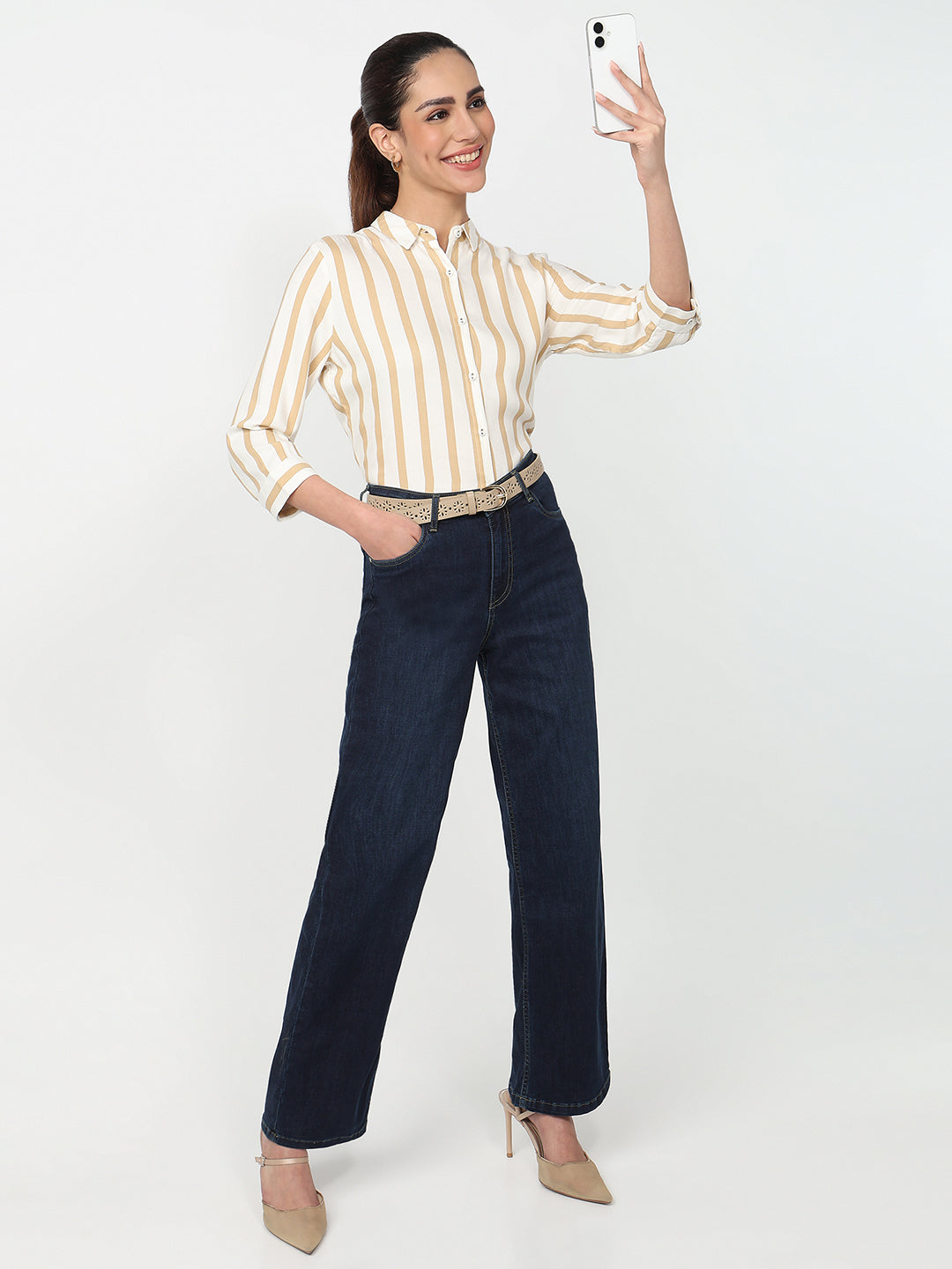 Women Beige/White Striped Shirt