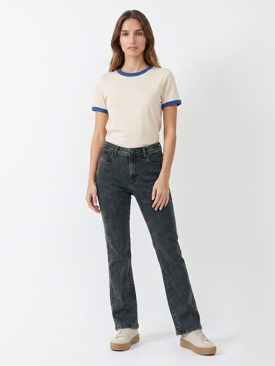 Women Slate Blue High-Rise Crop Flare Jeans