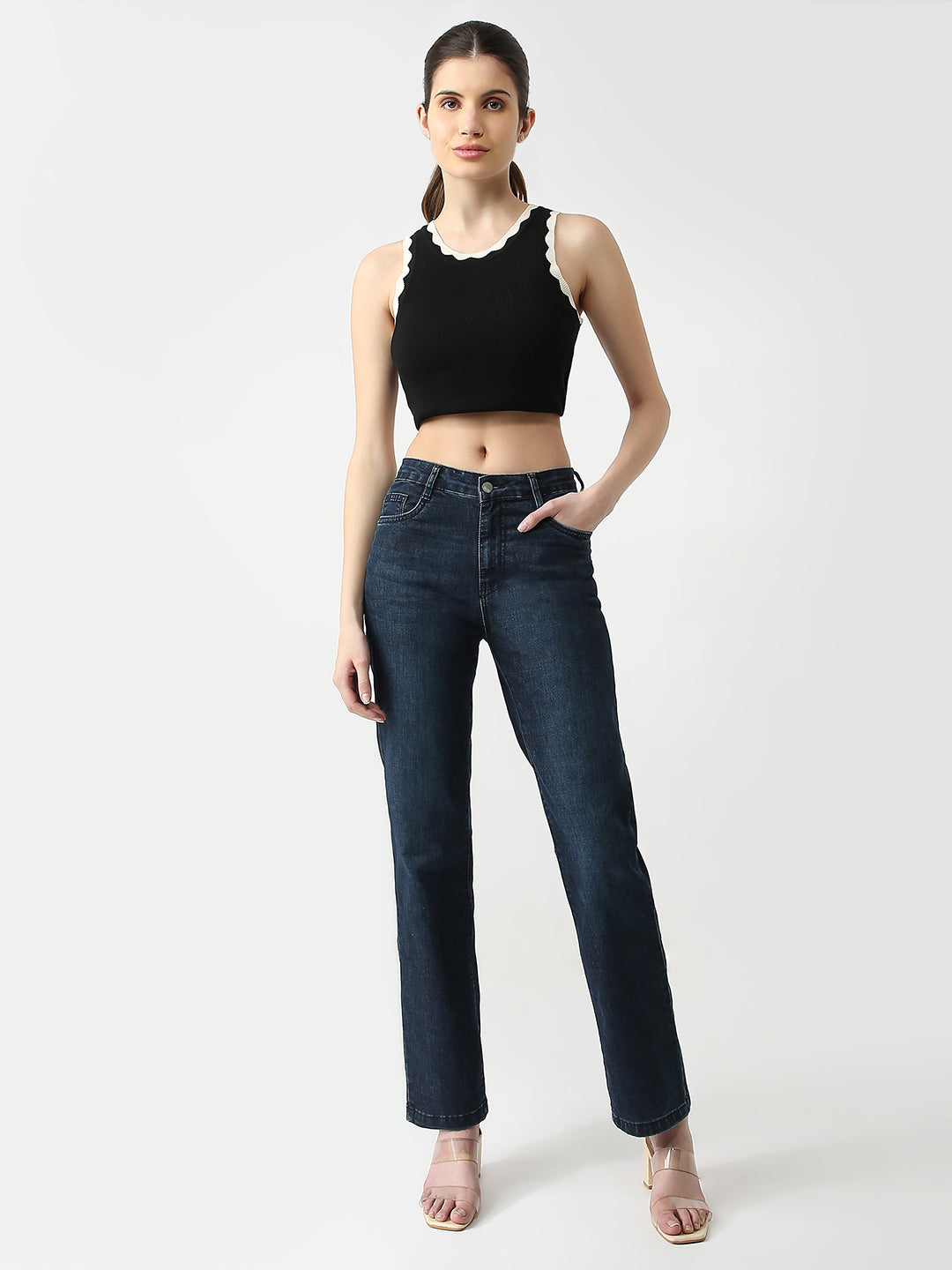 Women Dark Blue High-Rise Slim Straight Jeans