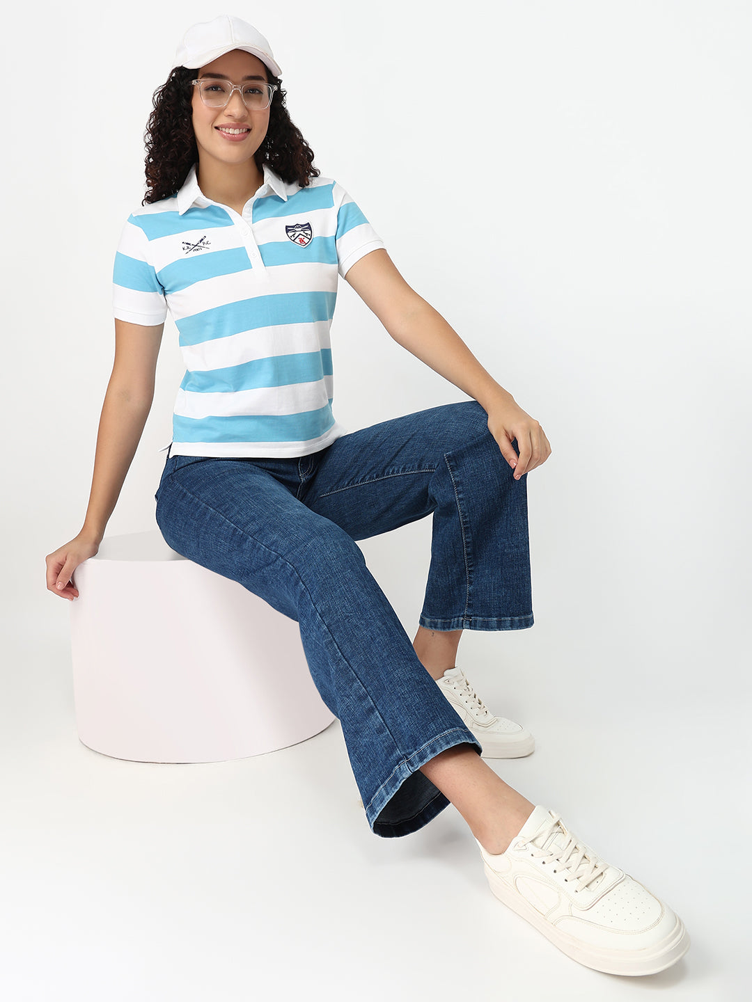 Women Sky/White Slim Fit Polo T-Shirt