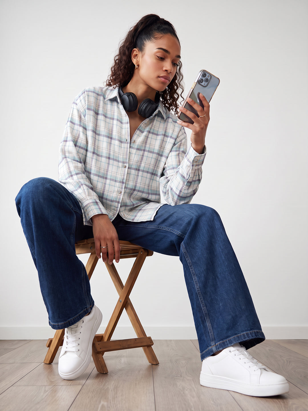 White/Blue Checks Oversized Shirt
