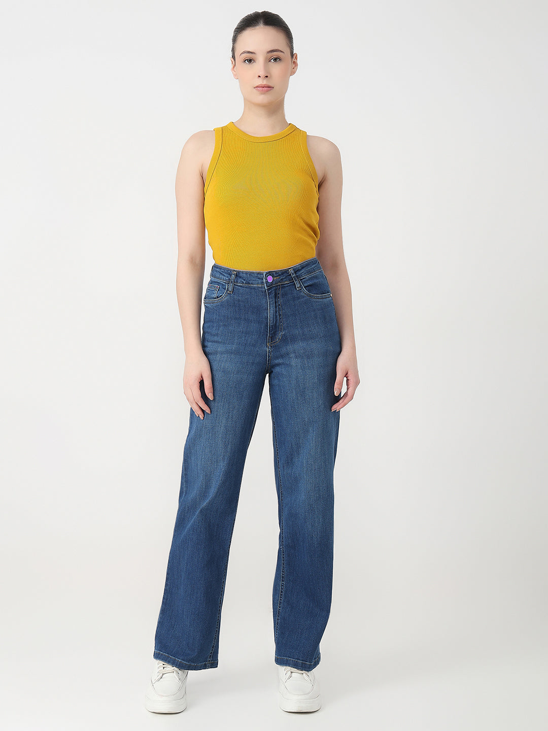 Women Dark Blue High-Rise Wide Leg Jeans