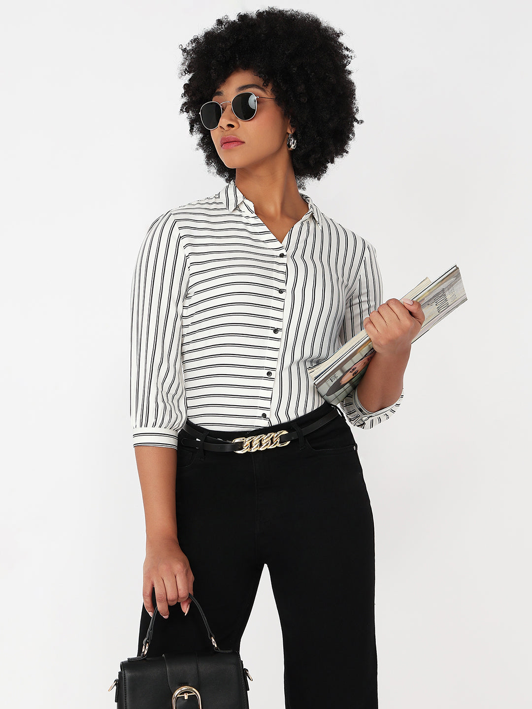 Women Black/White Slim Fit Stripe Shirt