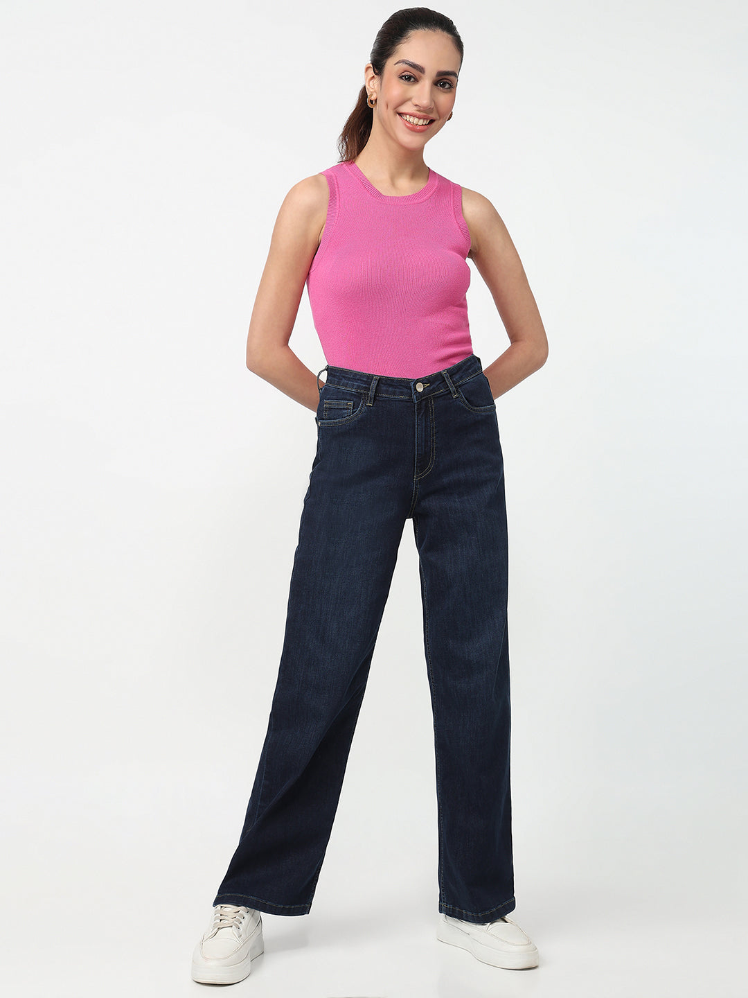 Women Dark Blue High-Rise Baggy Jeans
