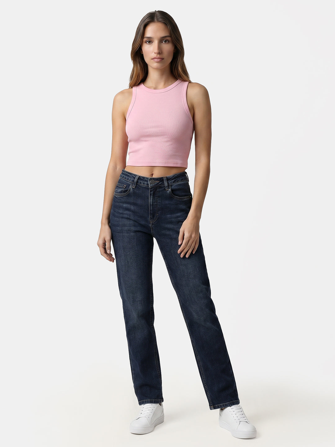 Women Blue High-Rise Slim Straight Jeans
