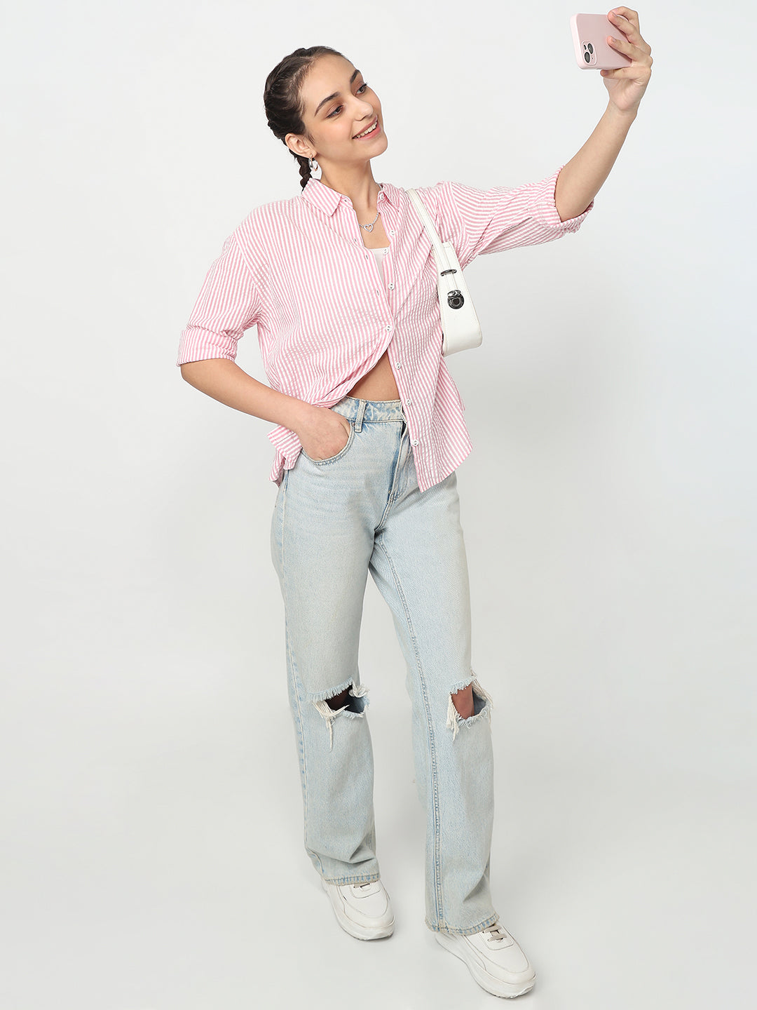 Women Pink/White Oversized Shirt