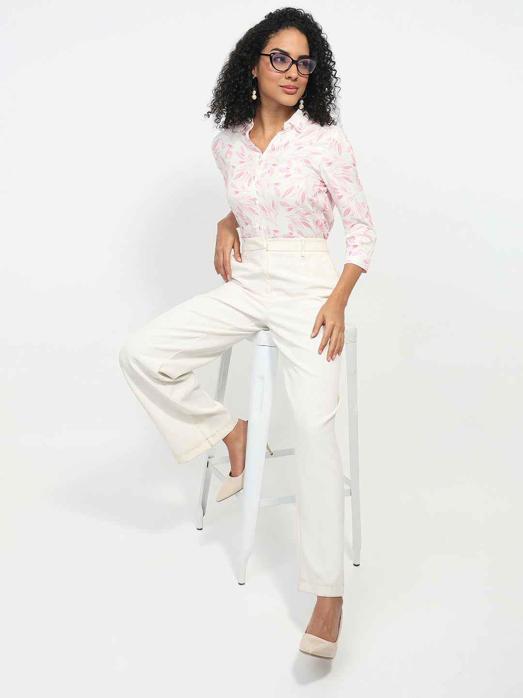 Women Pink Leaf Printed Shirt