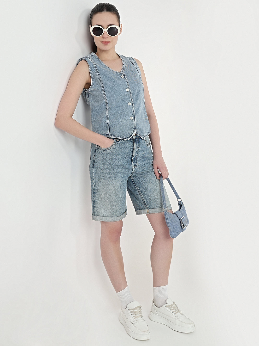 Women Light Blue Slim Fit Vest