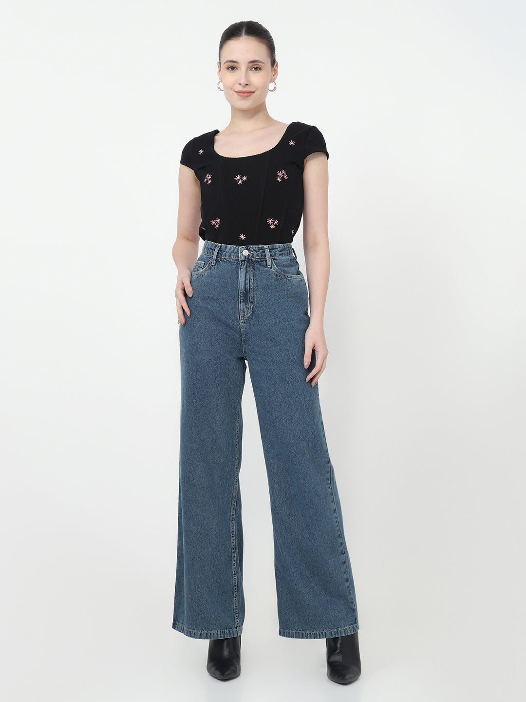 Women Blue High-Rise Super Wide Leg Jeans