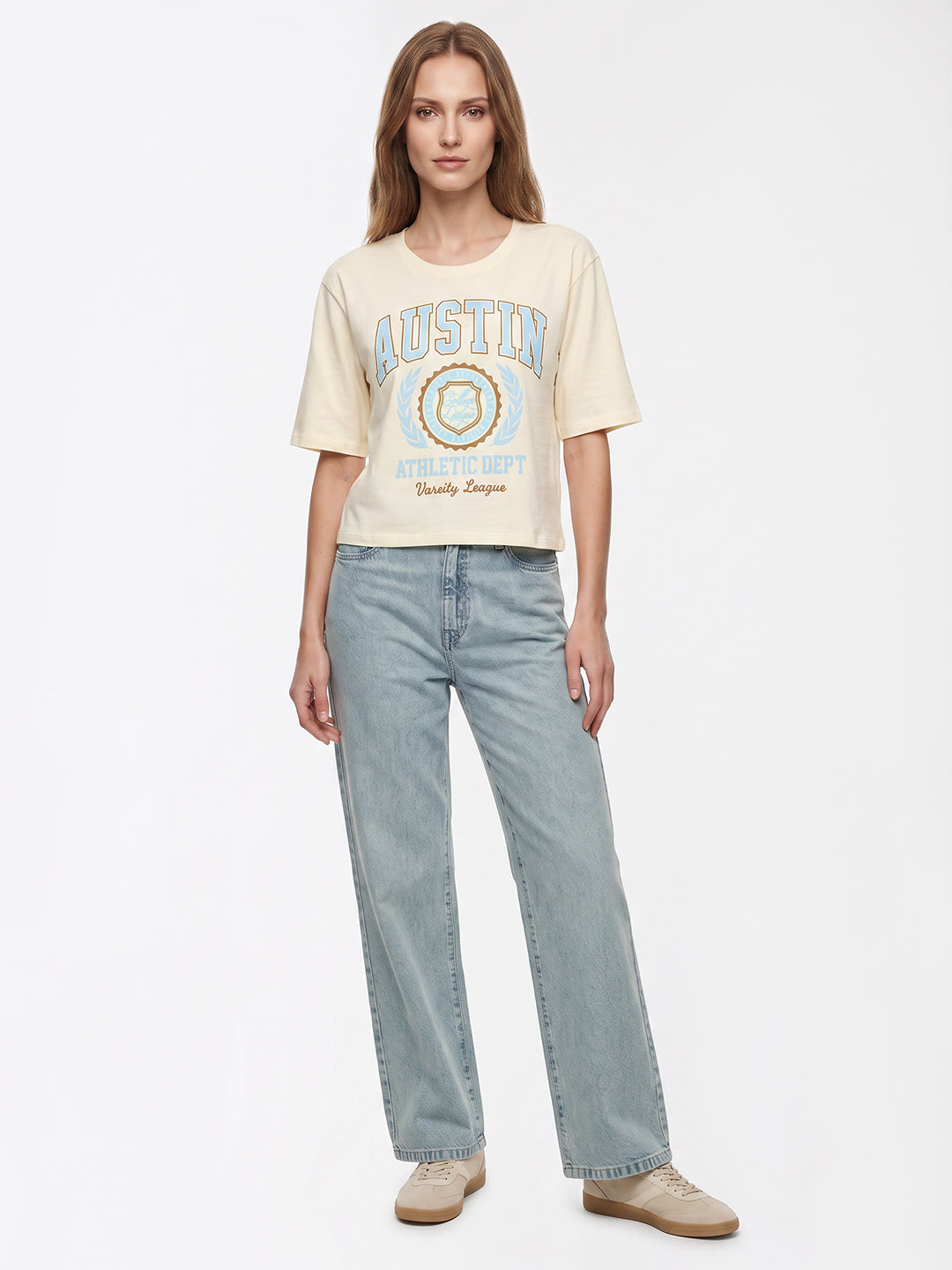 Women Light Blue High-Rise Crop Wide Leg Jeans