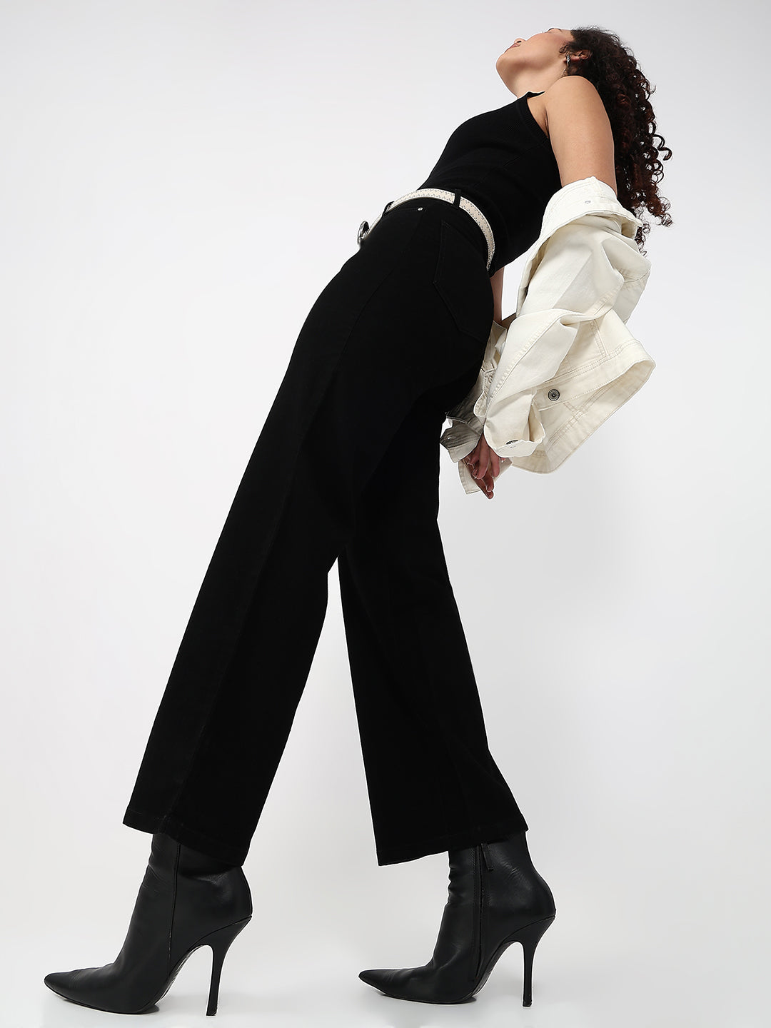 Women Black High-Rise Crop Wide Leg Jeans