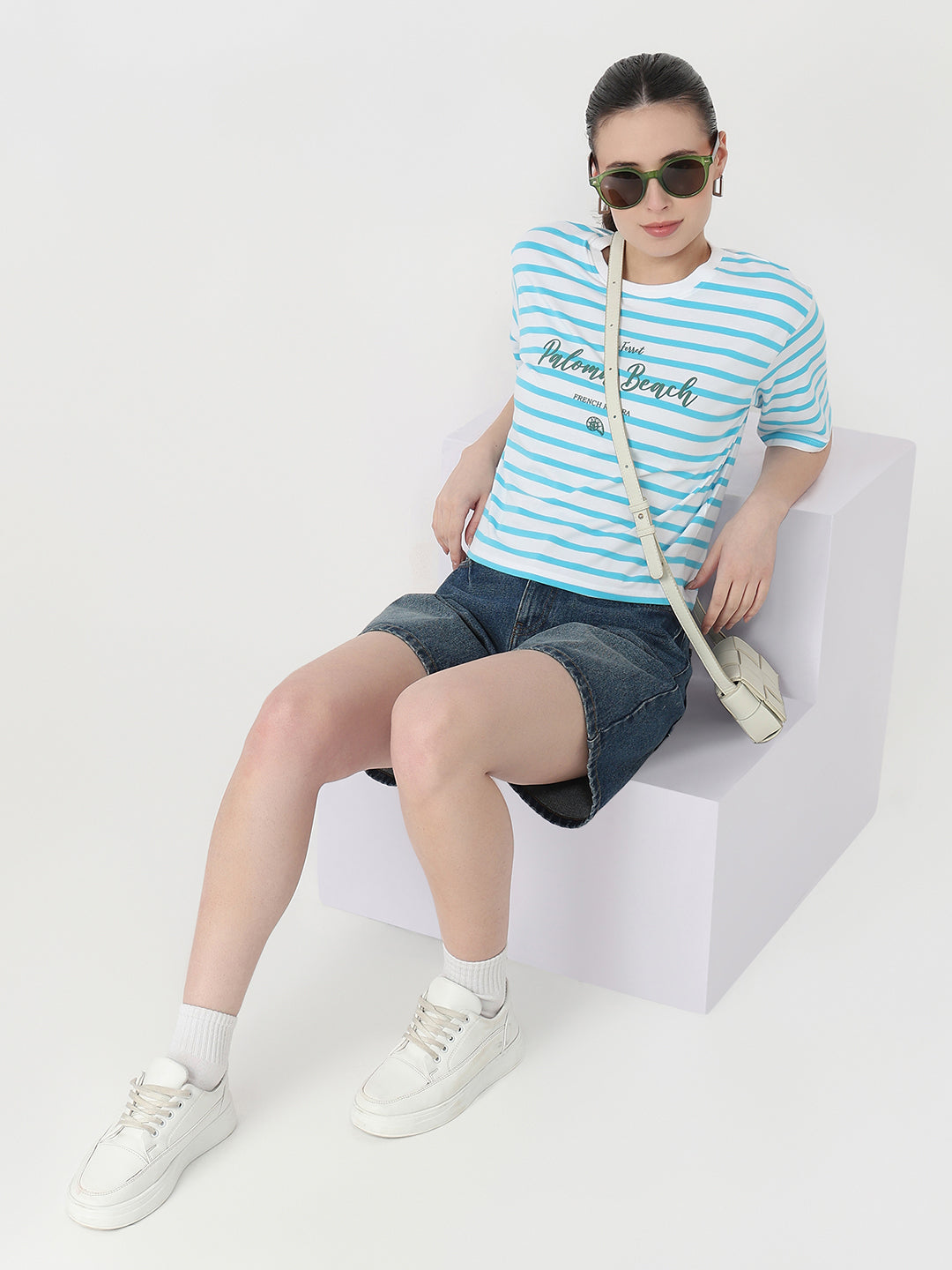 Women Sky/White Slim Fit Graphic Crop T-Shirt