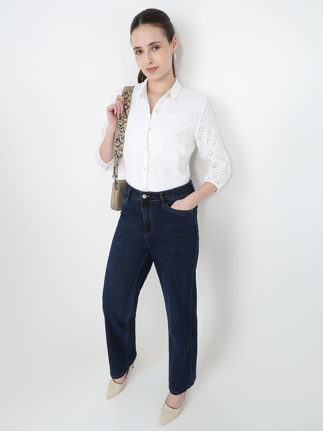 Women White Slim Fit Schiffli Shirt