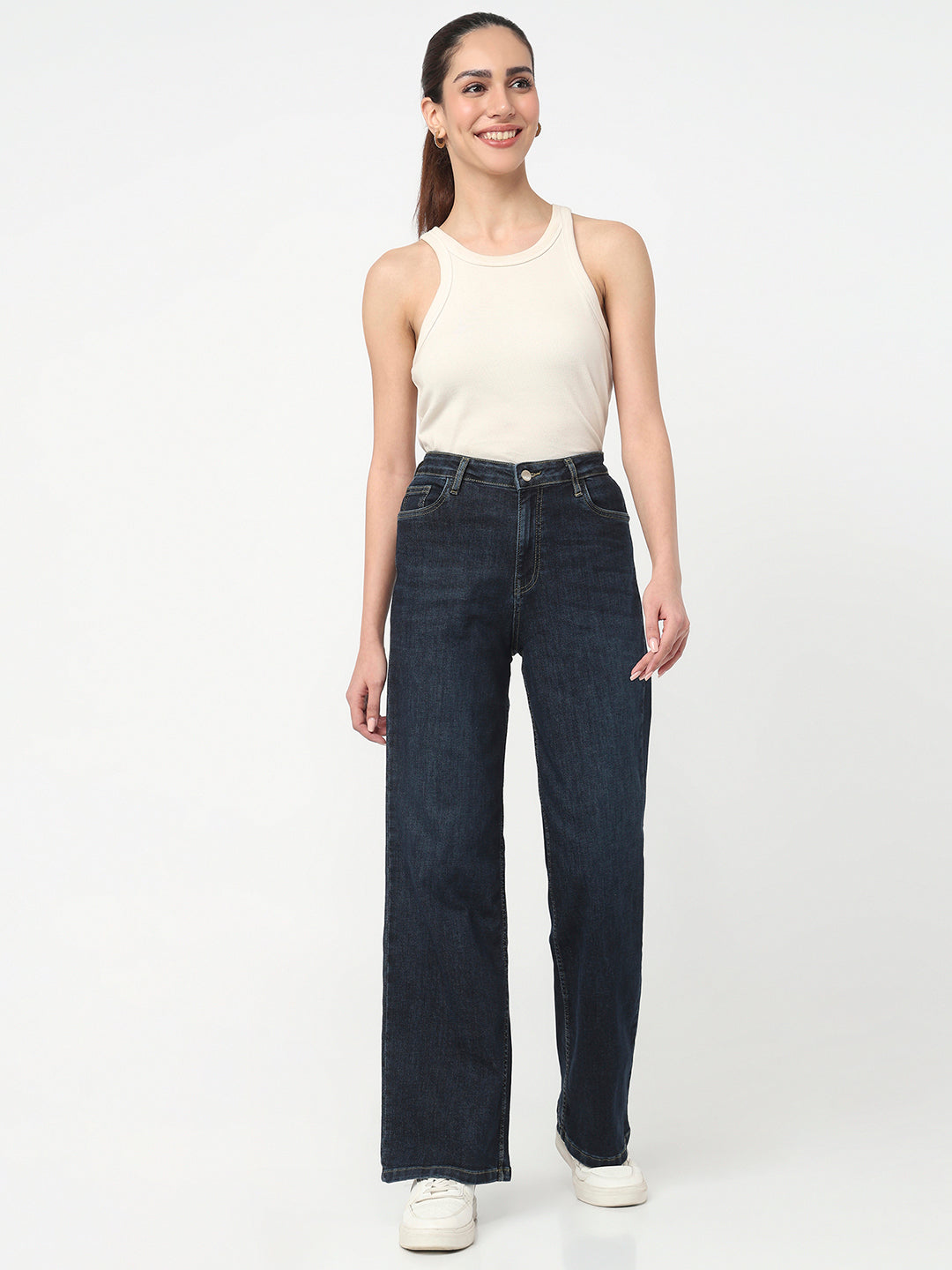 Women Dark Blue High-Rise Wide Leg Jeans