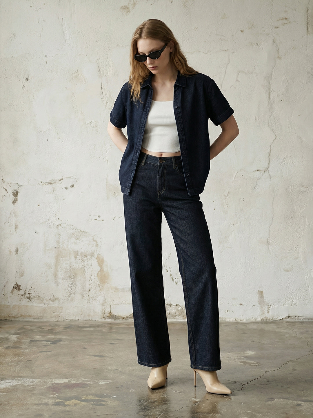 Women Dark Blue Crop Shirt