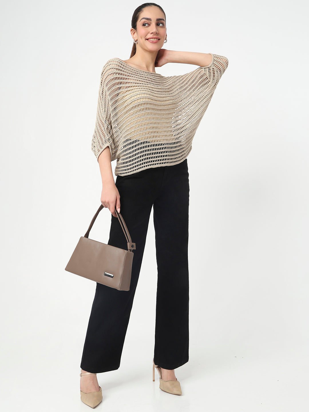 Women Champagne Slim Fit Batsleeve Top