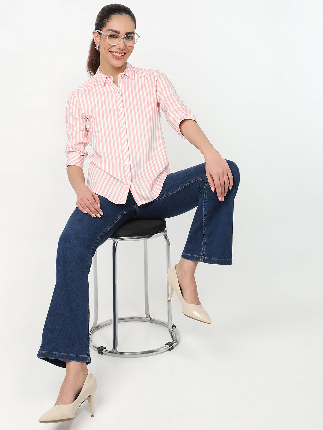 Women Peach Pink/White Striped Shirt