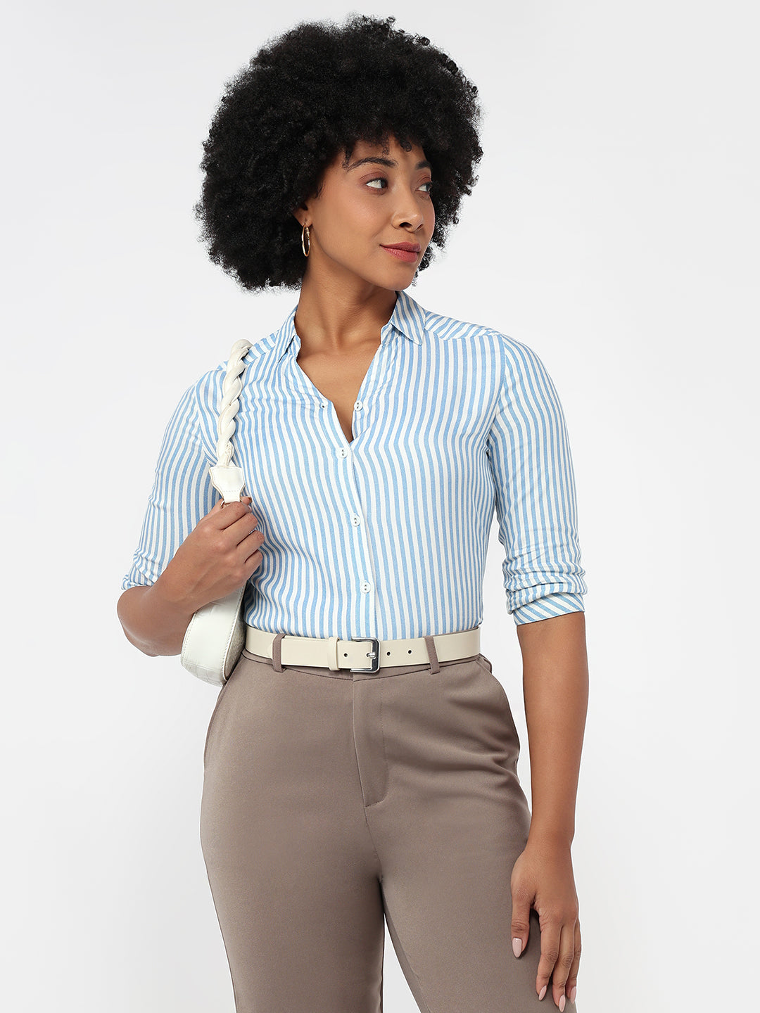 Women Sky/White Slim Fit Shirt