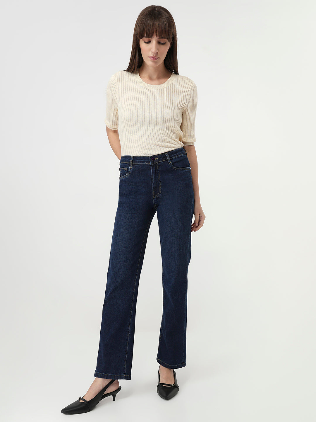 Women Dark Blue Slim Straight Jeans