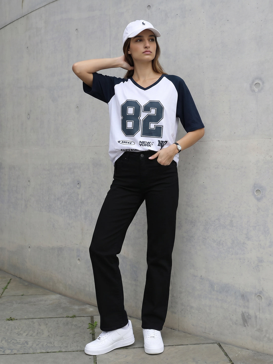 Women White/Airforce Oversized T-Shirt