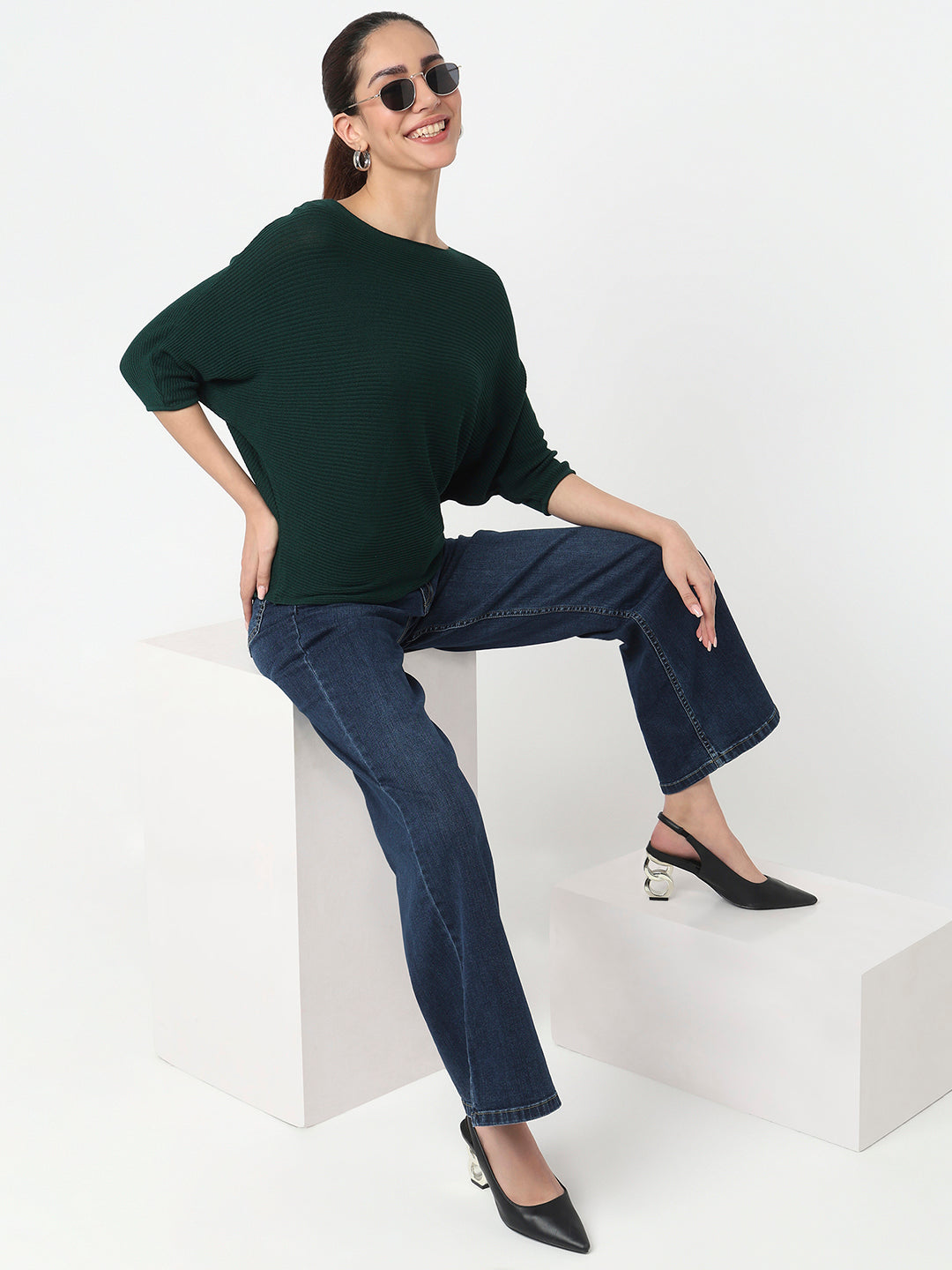 Women Bottle Green Batsleeve Top