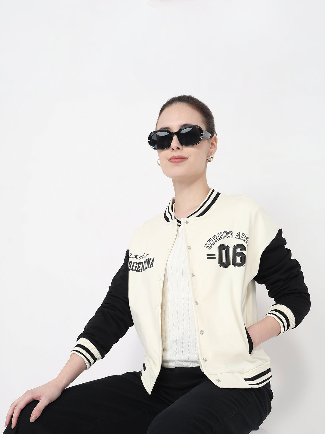 Women Ivory/Black Slim Fit Varsity Jacket
