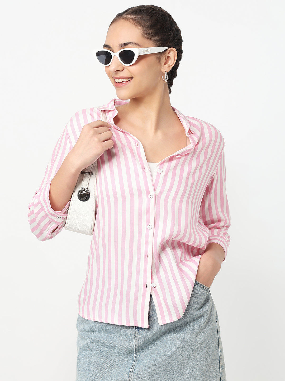 Women Pink/White Striped Shirt