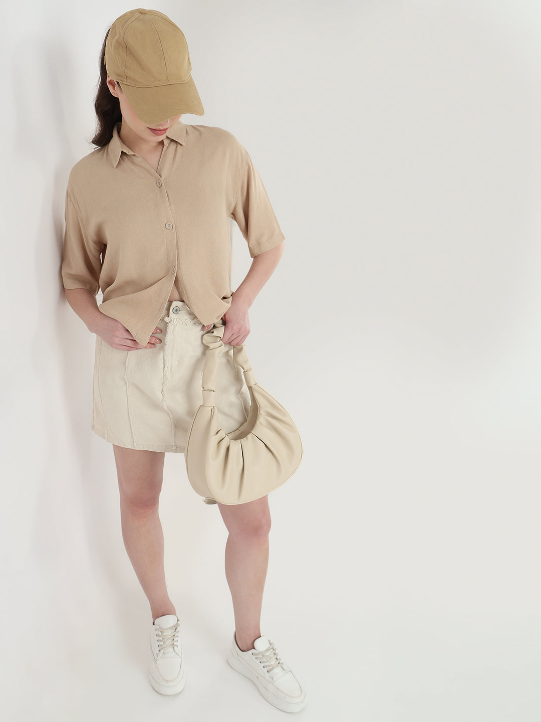 Women Oatmilk Slim Fit Crop Shirt