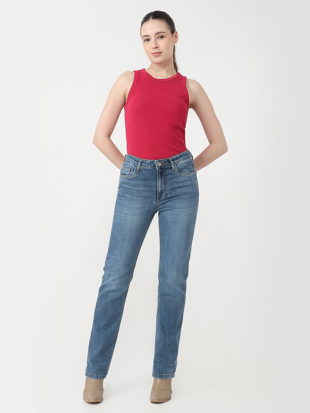 Women Blue High-Rise Slim Straight Jeans