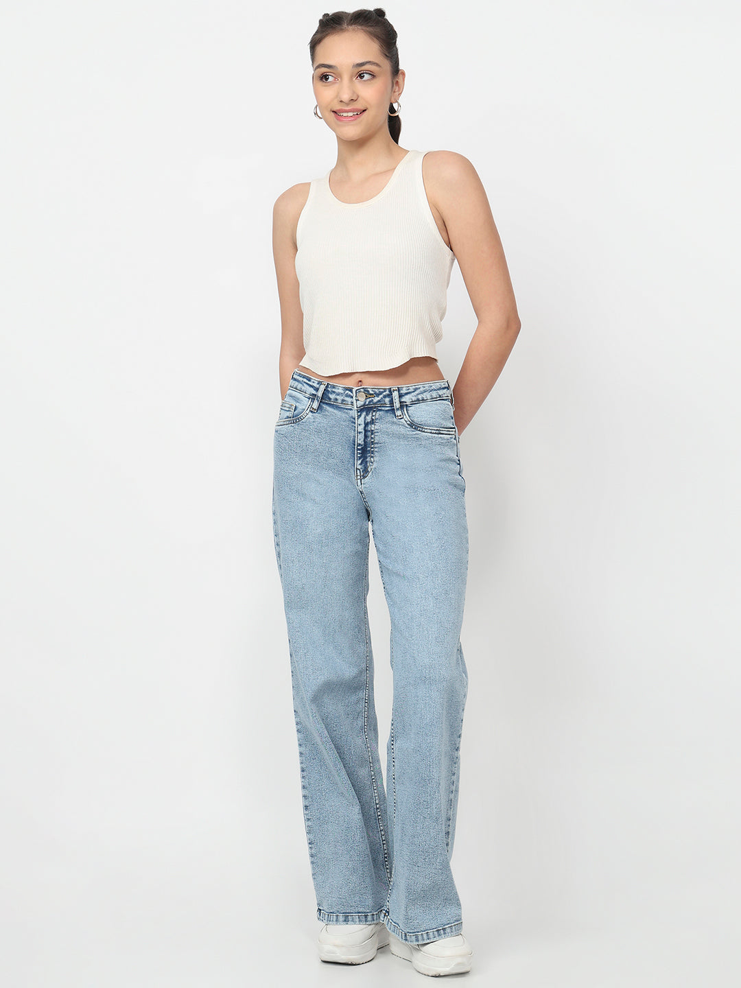 Women Light Blue High-Rise Super Wide Leg Jeans